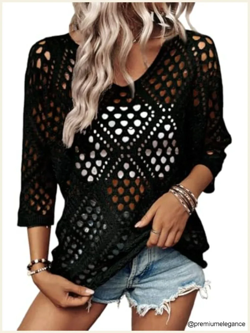 Women's Crochet Hollow Out V-Neck 3/4 Sleeve Pullover Sweater Cover Up